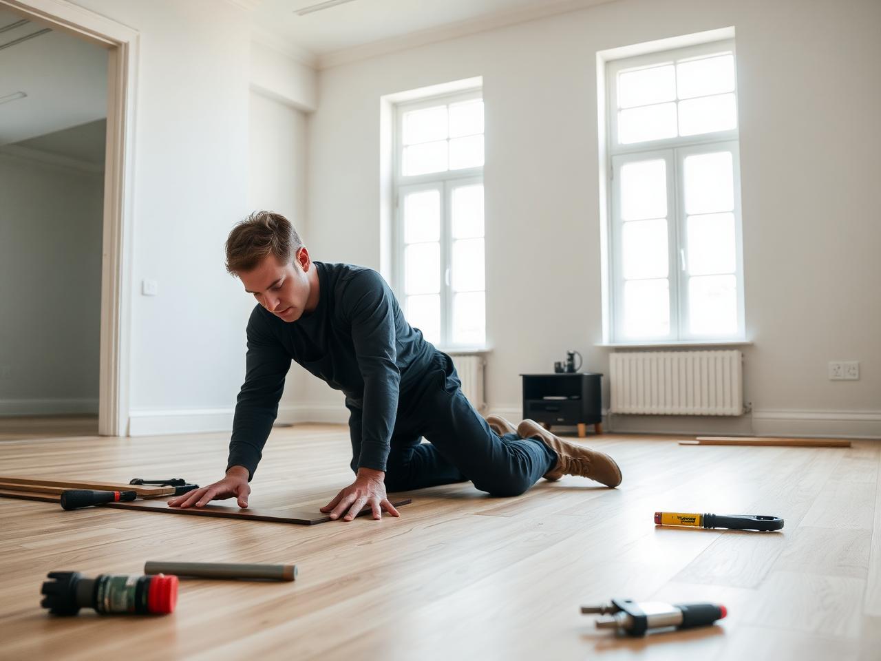 Handwerker verlegt Laminat in einer Wohnung – Renovierungsservice Köln